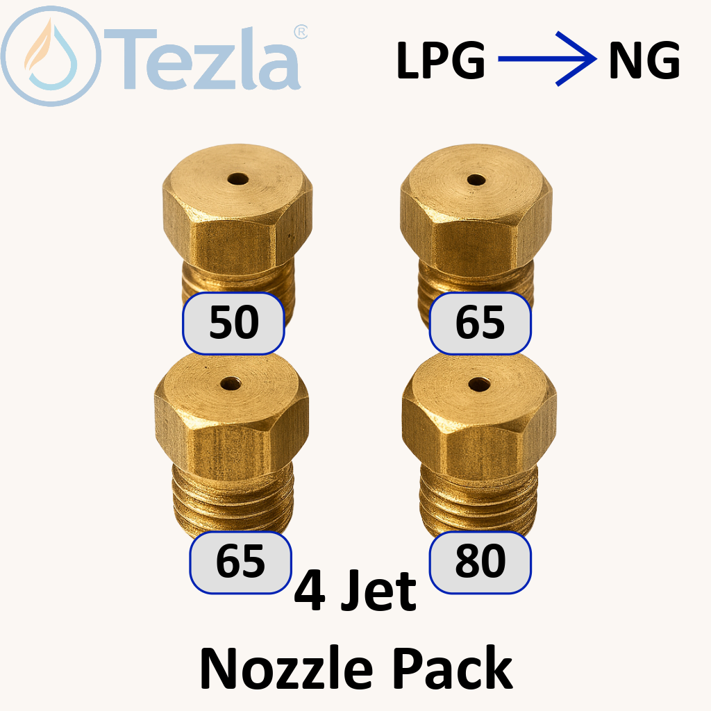 Set of four brass nozzles with labeled jet sizes on a white background, featuring the Tezla brand.