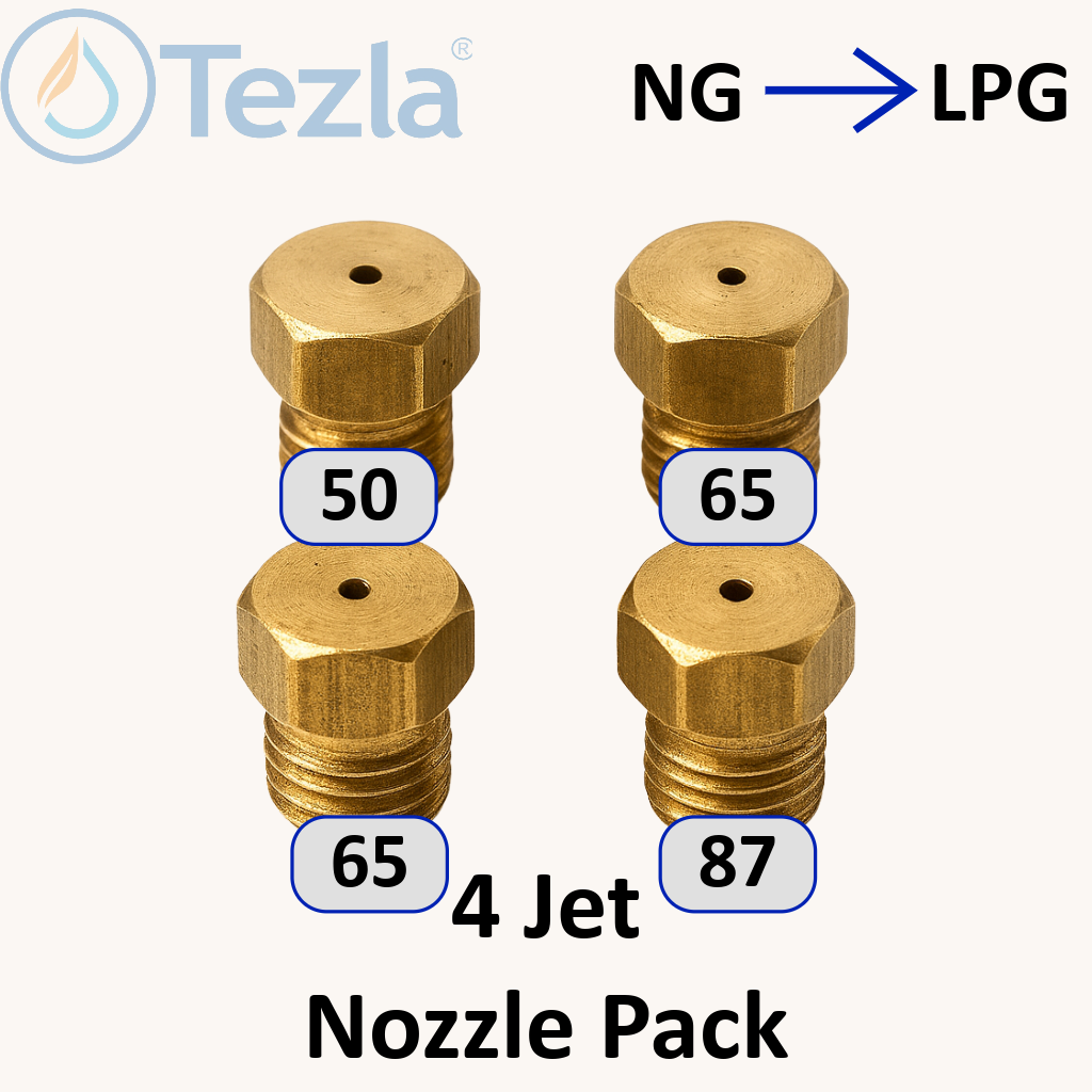 Tezla nozzle pack with brass nozzles labeled 50, 65, 65, and 87 on a white background.