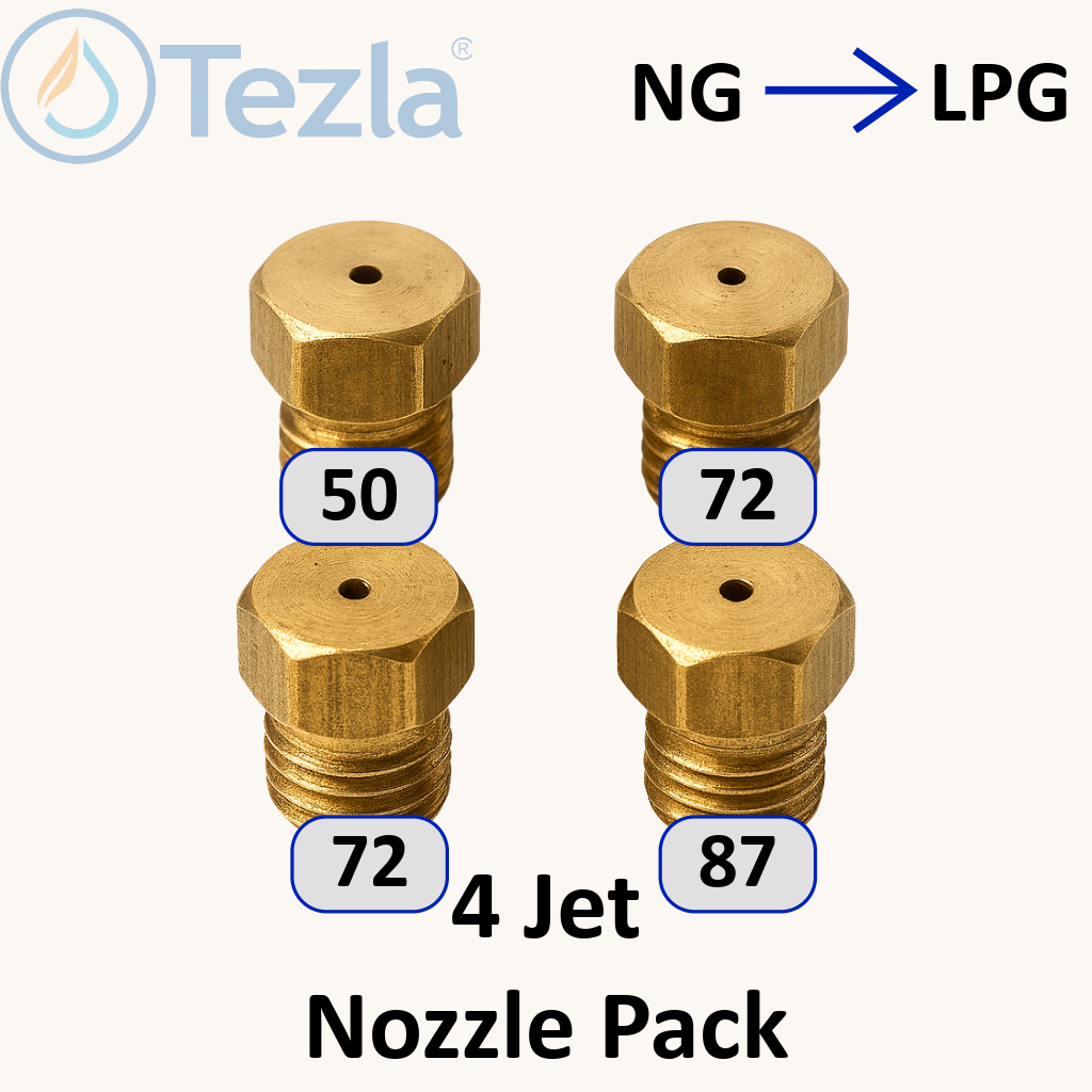 Tezla nozzle pack with four brass nozzles labeled 50, 72, 72, and 87 on a white background.