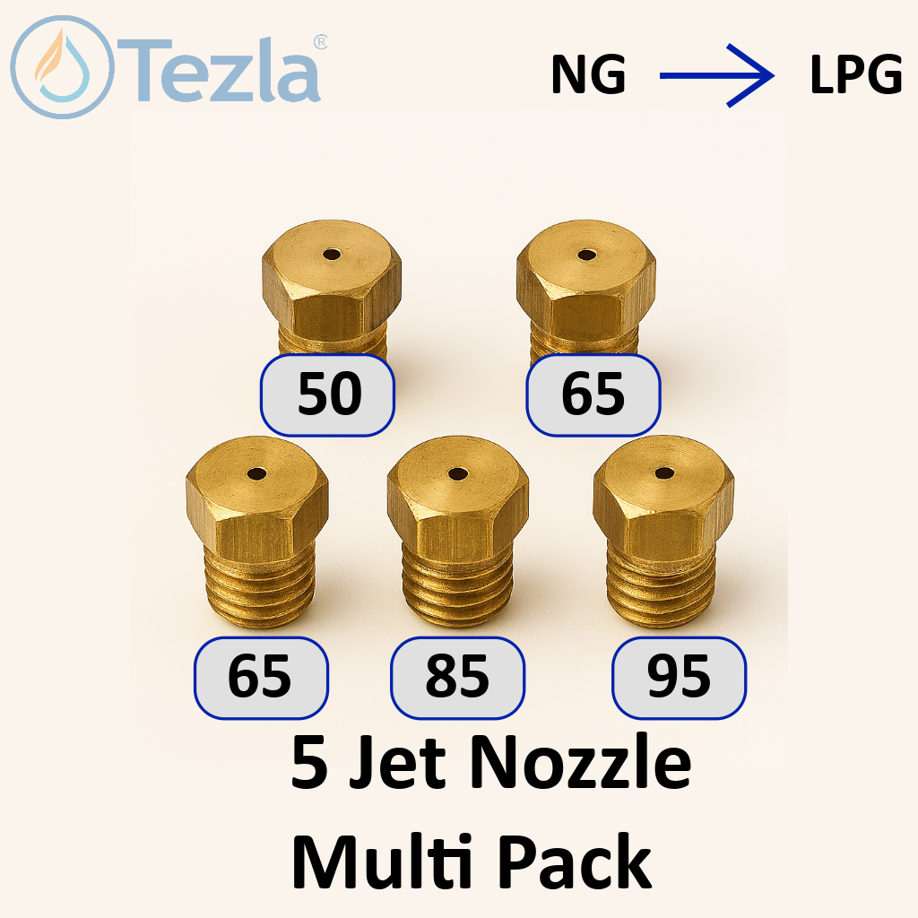 Set of five brass jet nozzles with size labels on a white background, featuring the Tezla brand.