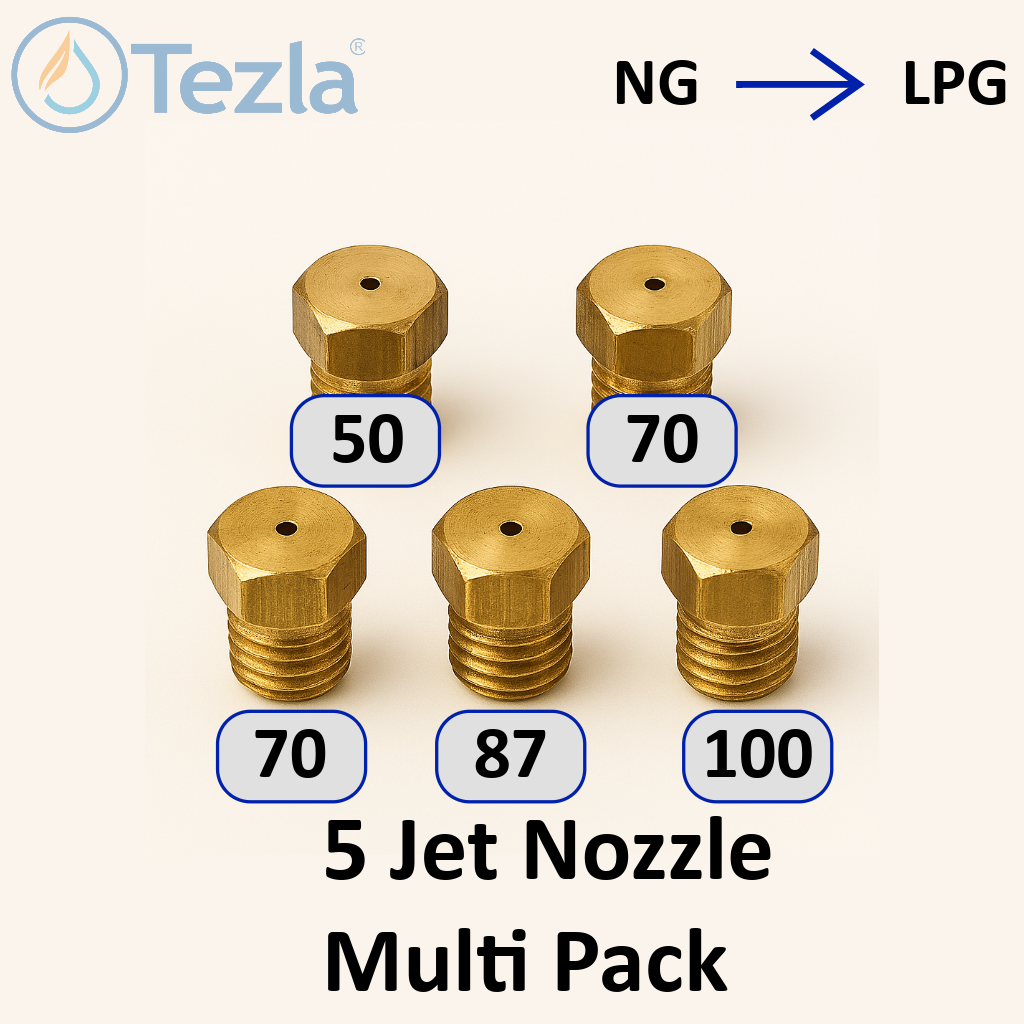 set of 5 brass jet nozzles for gas cookers/hobs, all labelled with their orifice sizes.