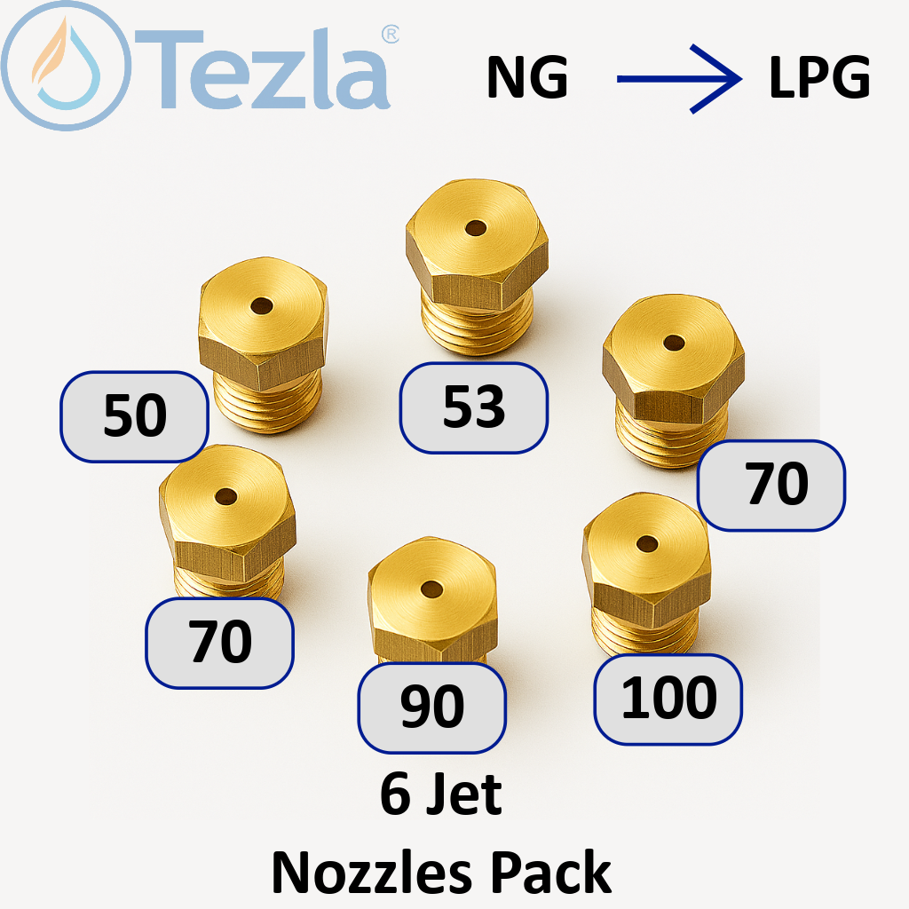 Set of brass lpg jet nozzles with labeled sizes on a white background, featuring the Tezla brand.