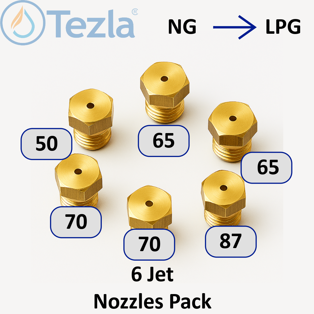 Set of brass lpg jet nozzles with labeled sizes on a white background, featuring the Tezla brand.