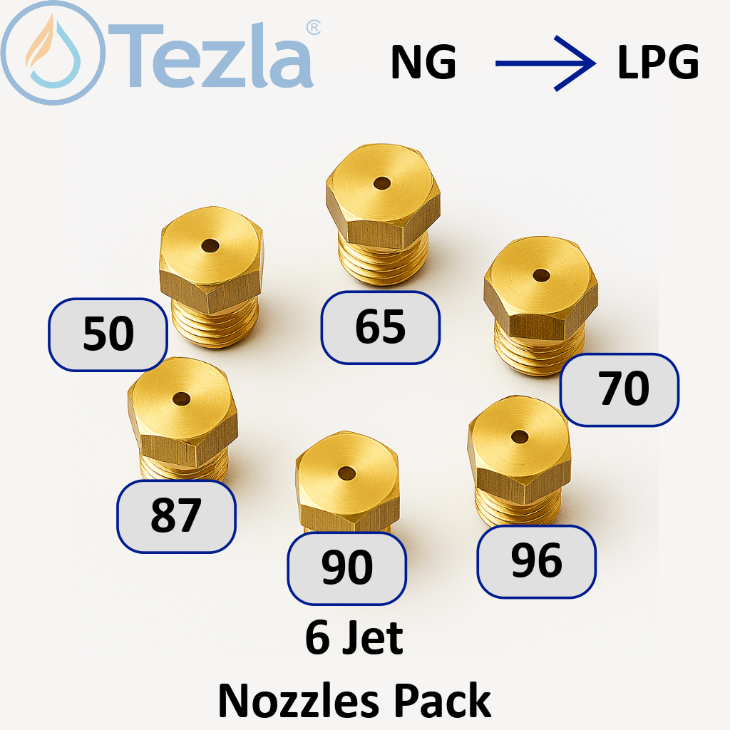 set of 6 brass jet nozzles for gas cookers or gas hobs, labeled with their orifice size and tezla brand in image.