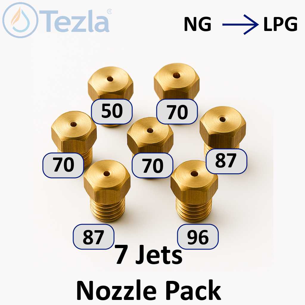 Set of 7 brass gas jet nozzles for gas cookers and gas hobs. LPG jets