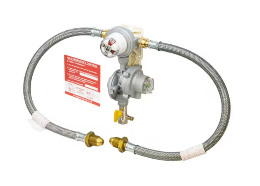Gas pressure regulator with OPSO and galvanised braided hose pigtails. Manufactured by cavagna group