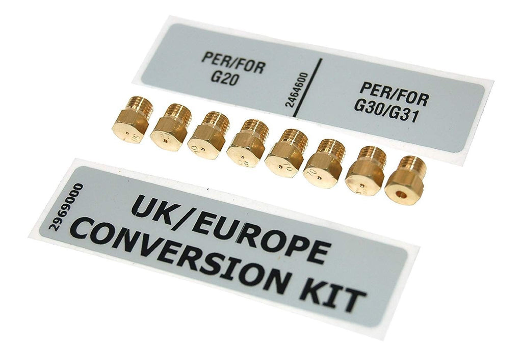 Image of an LPG conversion kit for a gas oven or gas hob, including gas jet nozzles and an LPG conversion label, designed for safe and efficient conversion to LPG gas use.