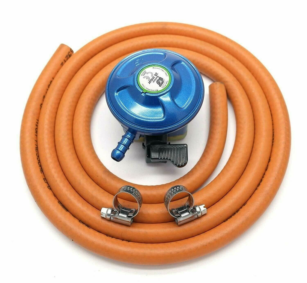 Butane Gas Regulator 2 Meter Hose And Clips Fits cylinders with 21mm valve Blue
